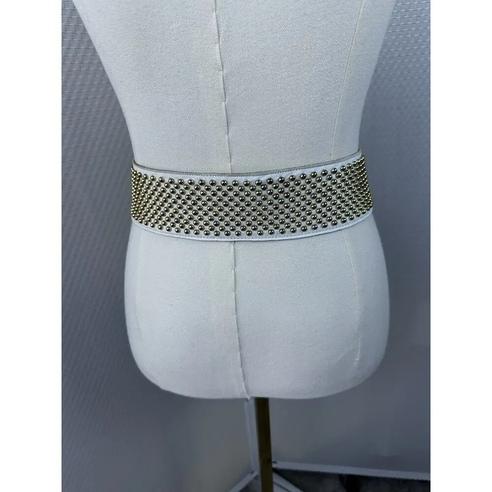 SAND CASTLE Vintage Studded Crystal Ivory Leather Belt Women's M (27”34